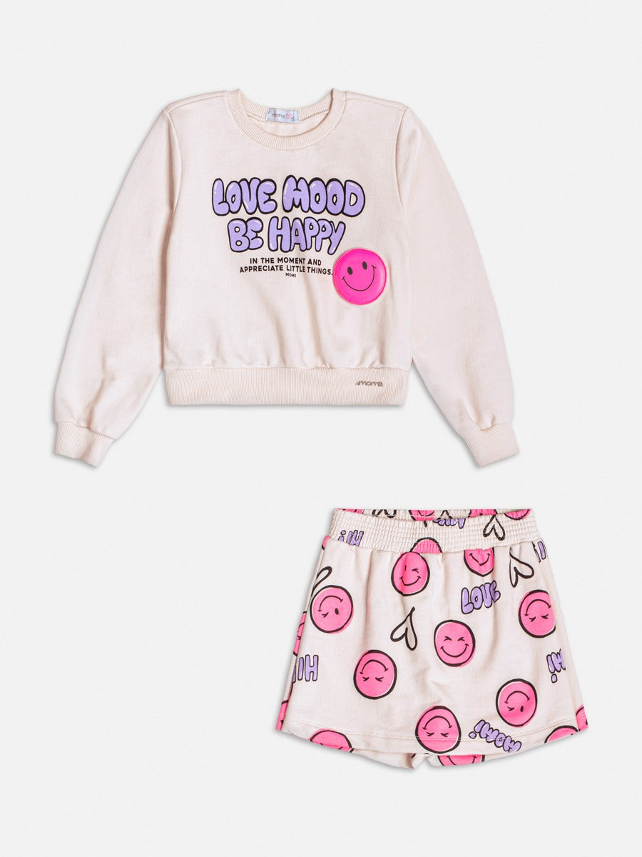 Conjunto Infantil Momi Inverno com Short Saia e Casaco Bege Emoji