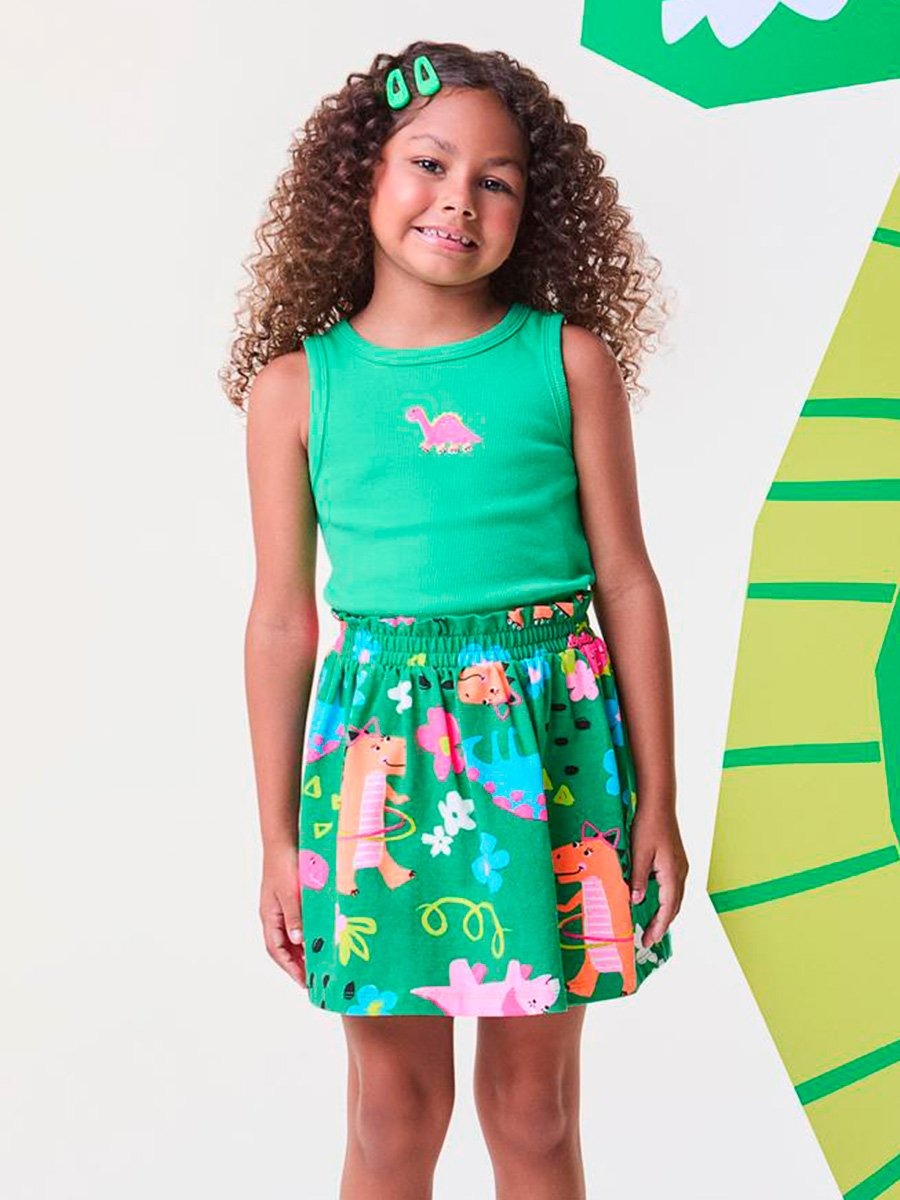 Conjunto Infantil Bimbi Verão com Saia e Regata Verde Dinos