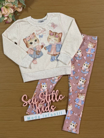 Conjunto Infantil Kukiê Inverno com Calça Legging e Casaco Off White Gatinhas