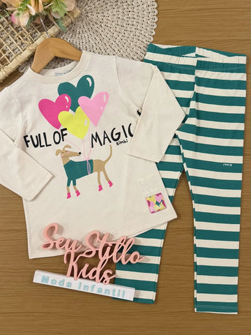 Conjunto Infantil Bimbi Inverno com Calça Legging e Blusa Manga Longa Bege Cachorrinho Love