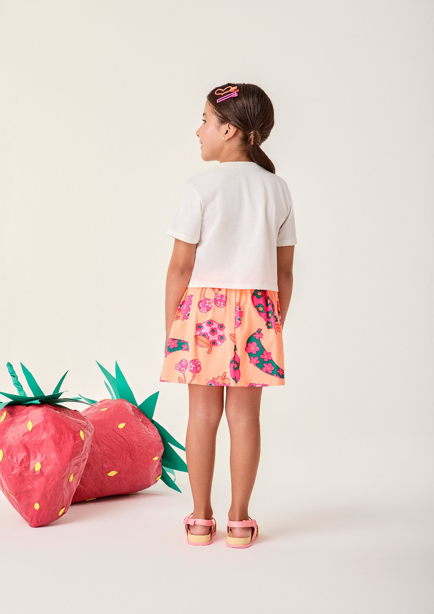 Conjunto Infantil Menina Bimbi com Saia Laranja e Blusa Branca Flowers e Bananas