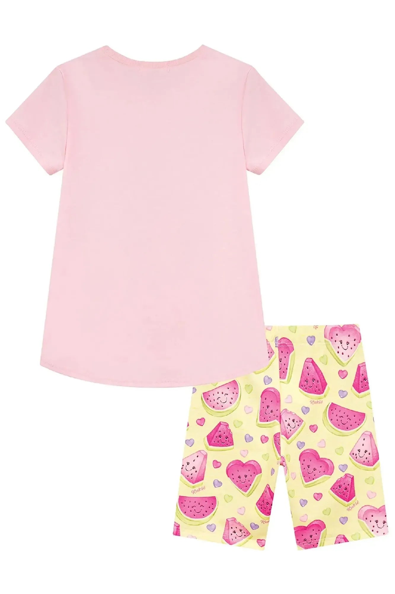 Conjunto Infantil Menina Kukiê com Shorts Amarelo e Blusa Rosa Bolsinha Melancia