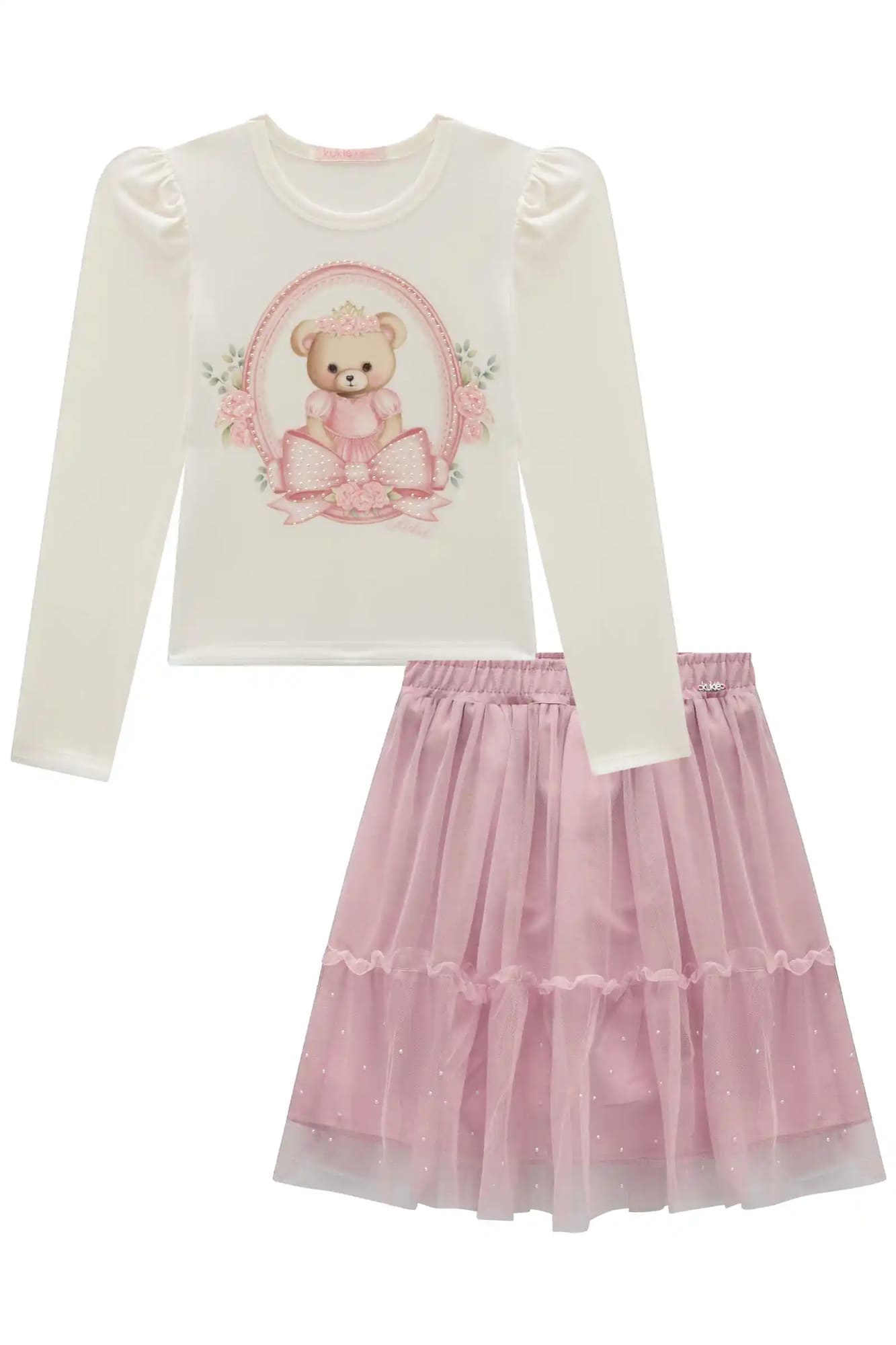 Conjunto Infantil Kukiê Inverno Saia em Tule Rosa e Blusa Branca Ursinha Princesa