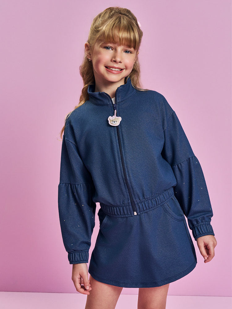 Conjunto Infantil Cinti Inverno com Shorts-Saia e Jaqueta Azul Marinho Ursinha Brilhos