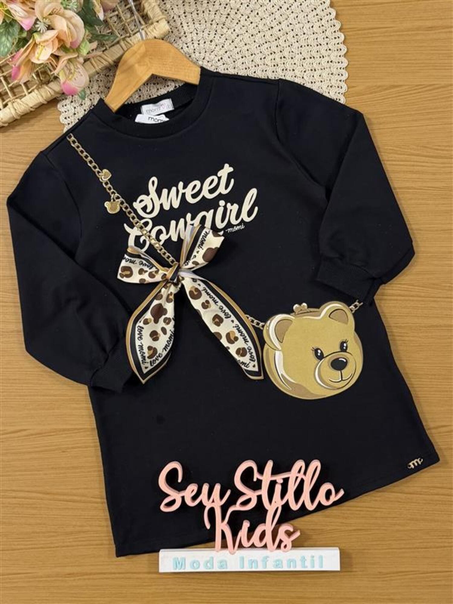 Vestido Infantil Momi Inverno Manga Longa Preto Ursinho Lacinho