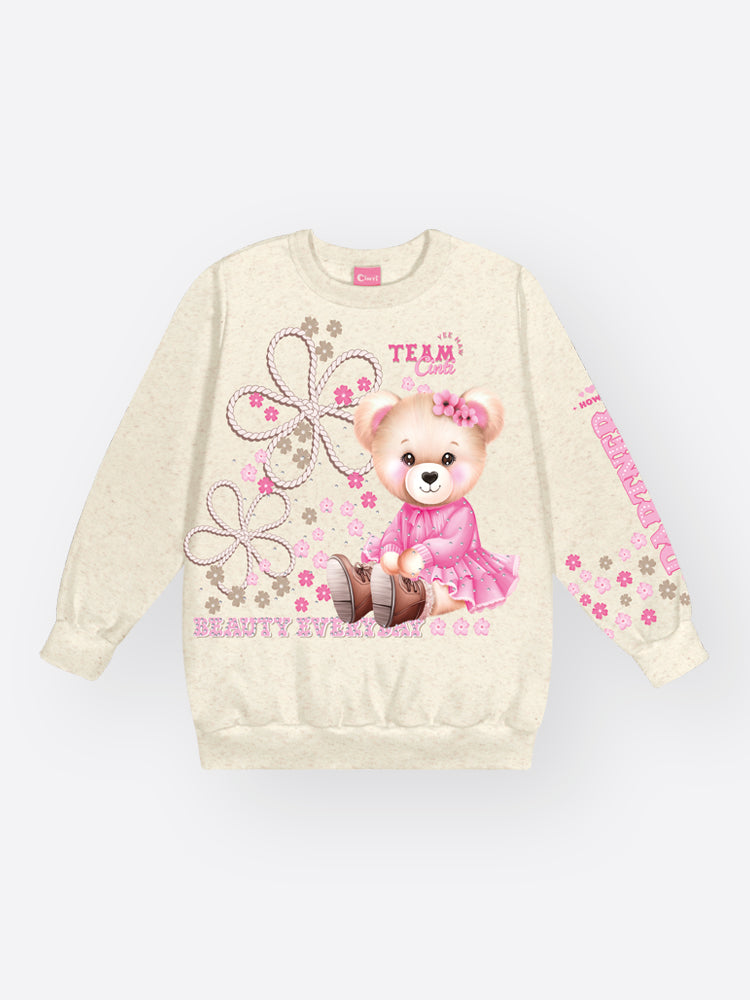 Conjunto Infantil Cinti Inverno com Calça e Moletom Flanelado Off White Ursinha