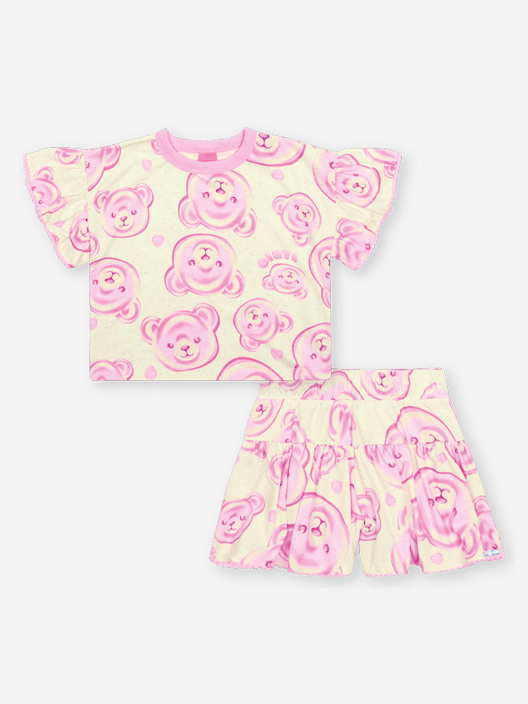 Conjunto Infantil Cinti Verão com Shorts e Blusa Rosa Ursinhas