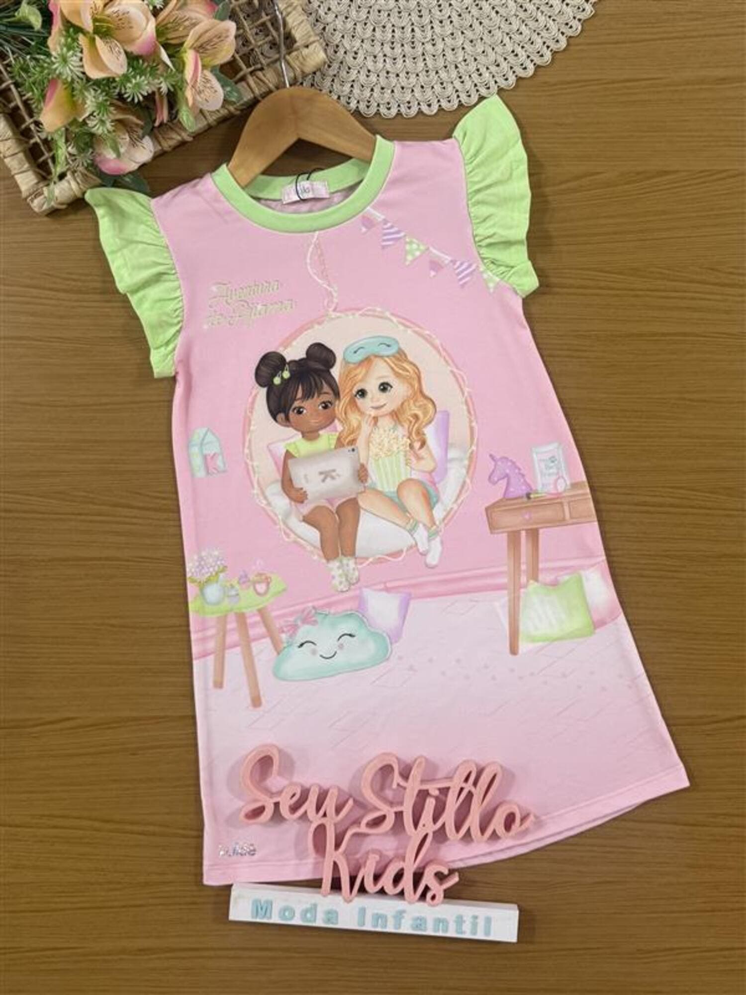 Camisola Infantil Kukiê Verão Rosa Amiguinhas Festa do Pijama