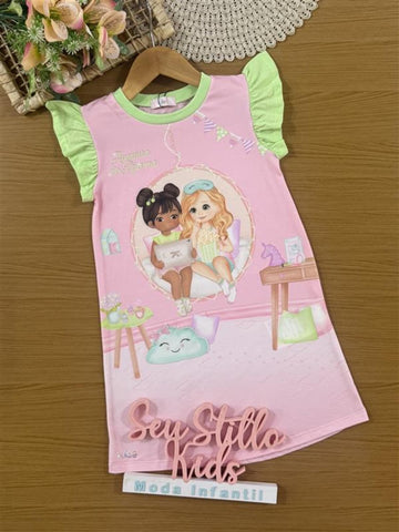 Camisola Infantil Kukiê Verão Rosa Amiguinhas Festa do Pijama