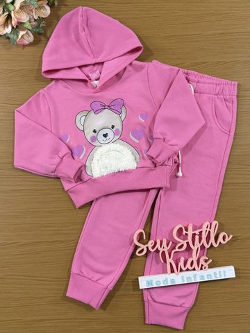 Conjunto Infantil Cinti Inverno Calça e Moletom Flanelado Bege Ursinha com Bolso