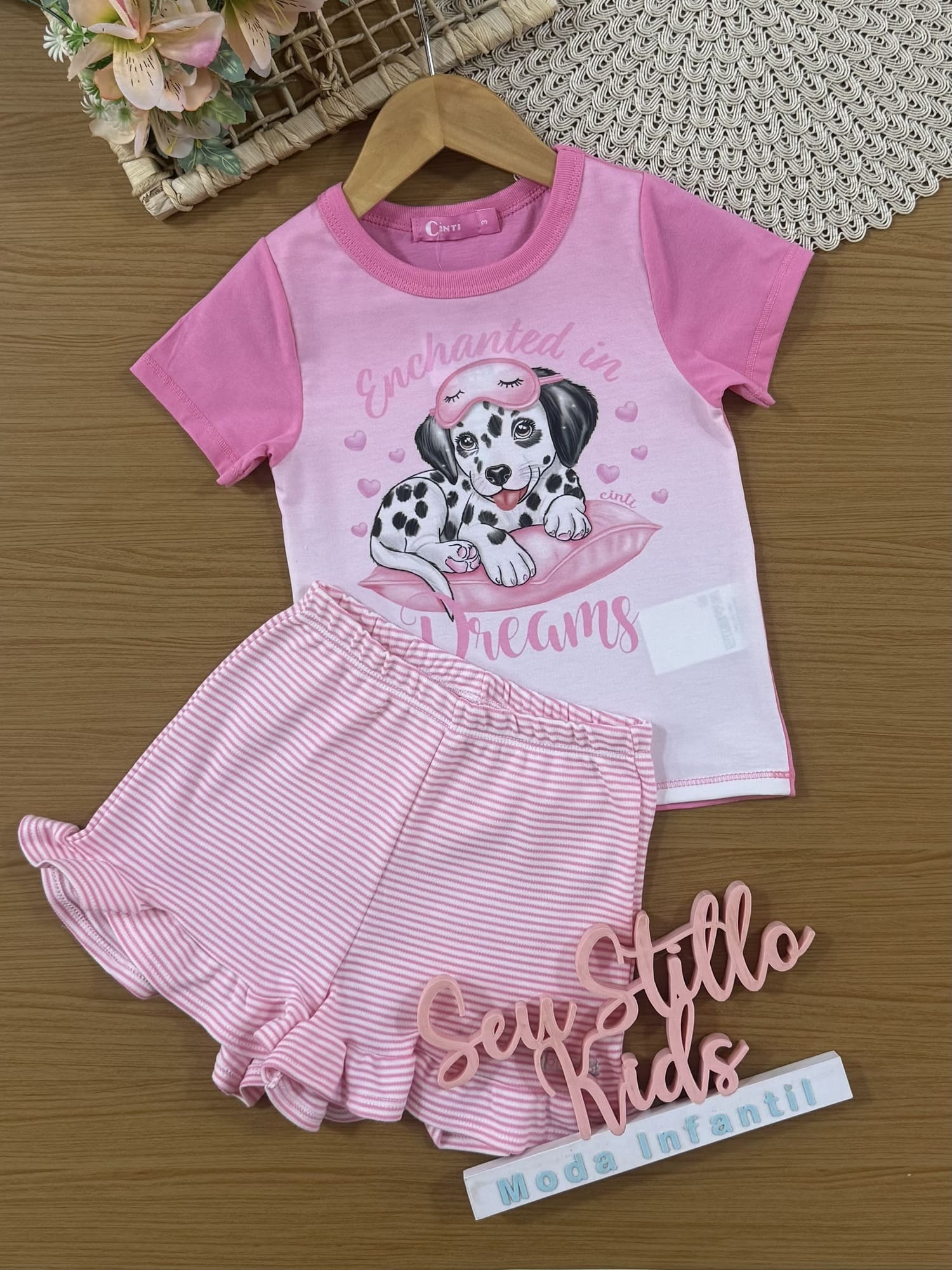 Pijama Infantil Cinti Verão com Shorts e Blusa Rosa Cachorinha Hora de Dormir