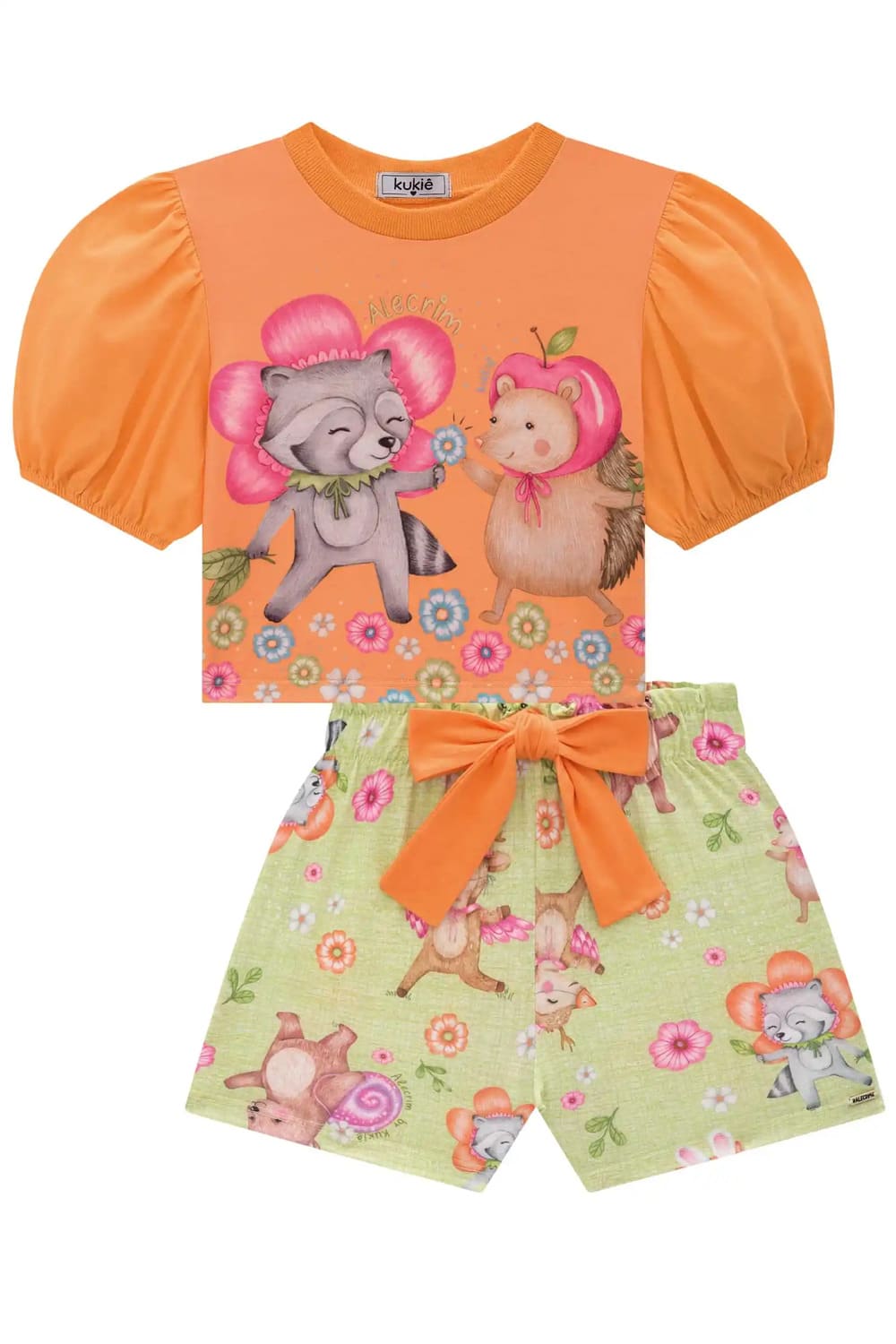 Conjunto Infantil Kukie Verão Shorts Verde e Blusa Laranja Amiguinhos