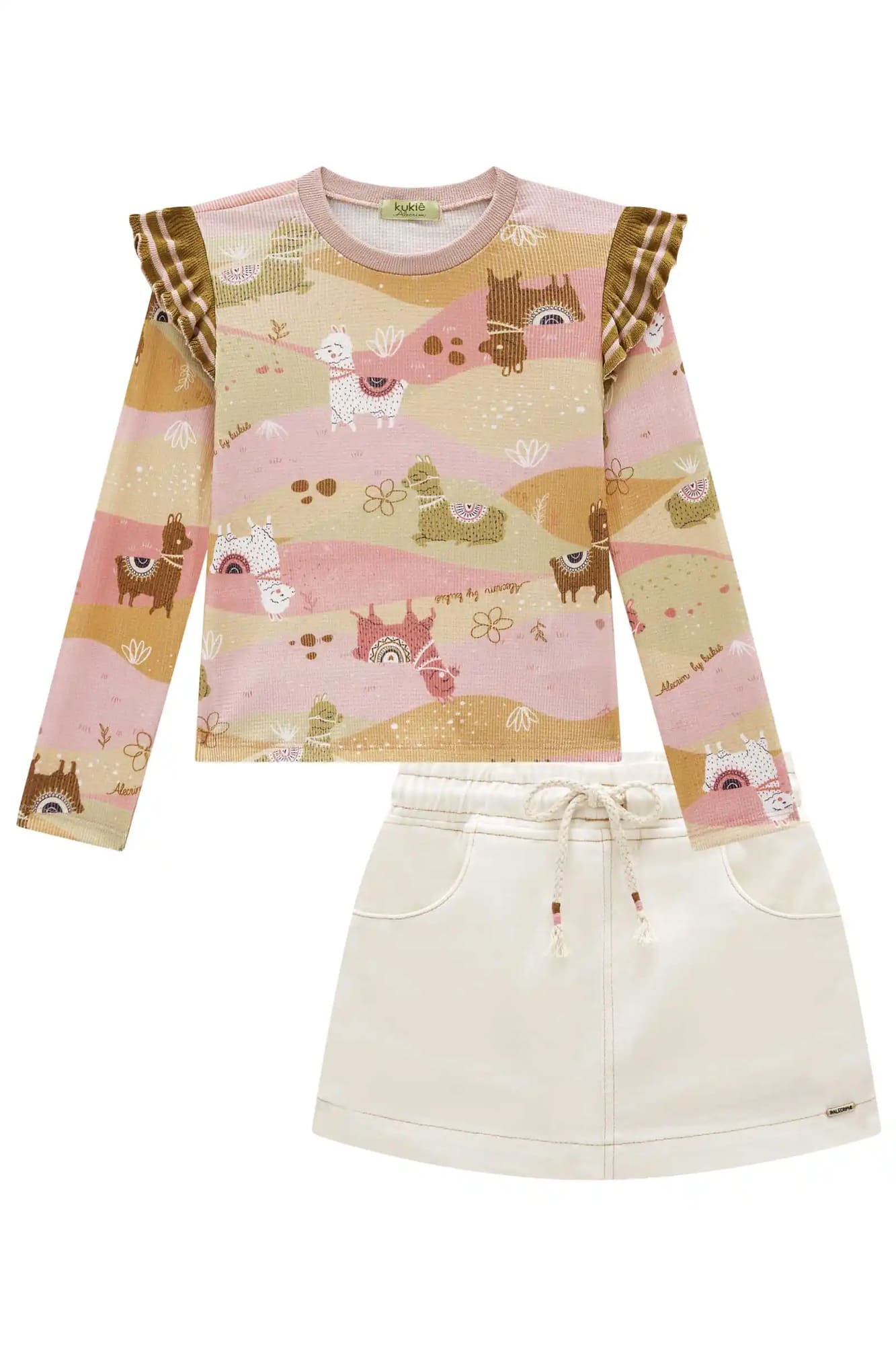 Conjunto Infantil Kukiê Inverno Short Saia e Blusa Manga Longa Lhamas