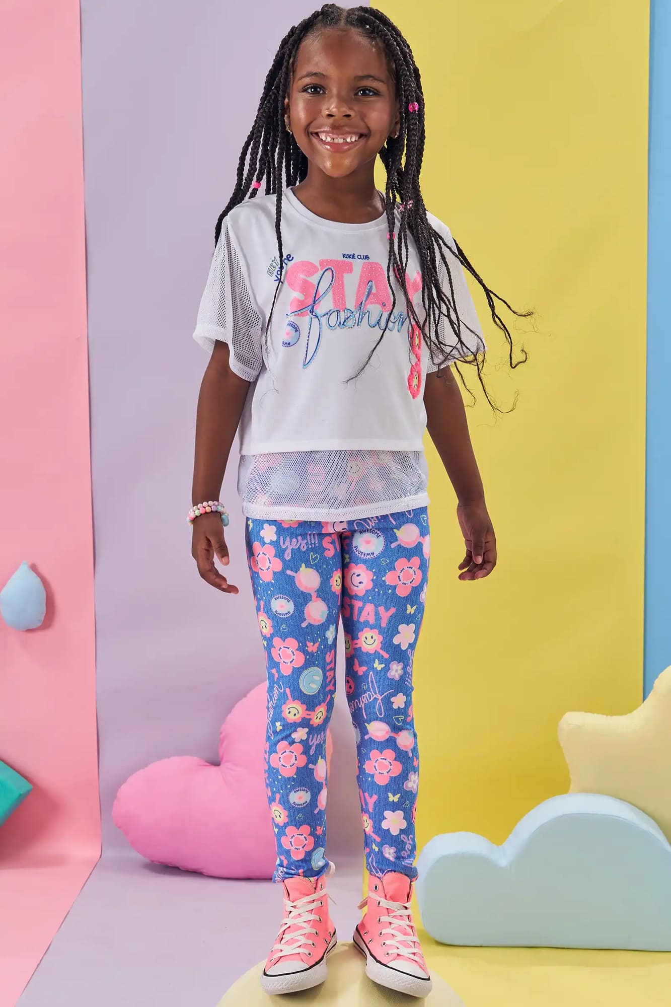 Conjunto Infantil Kukiê Verão com Calça Legging Azul e Blusa Branca Stay Fashion