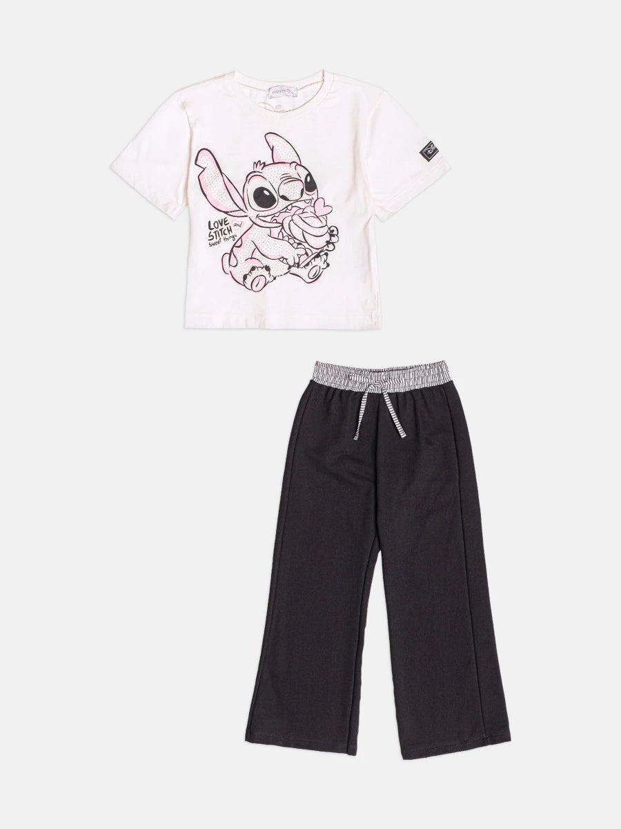 Conjunto Infantil Momi Inverno com Calça Preta e Blusa Manga Curta Love Stitch Disney