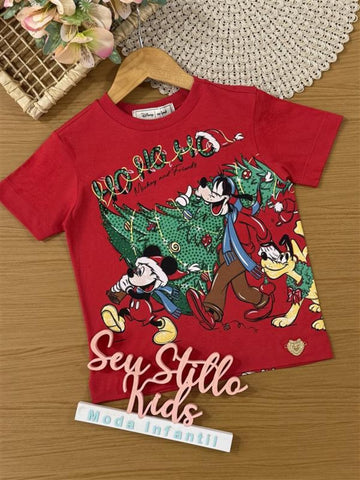 Blusa Infantil Animê Verão Vermelho Mickey e Amigos Natal Disney
