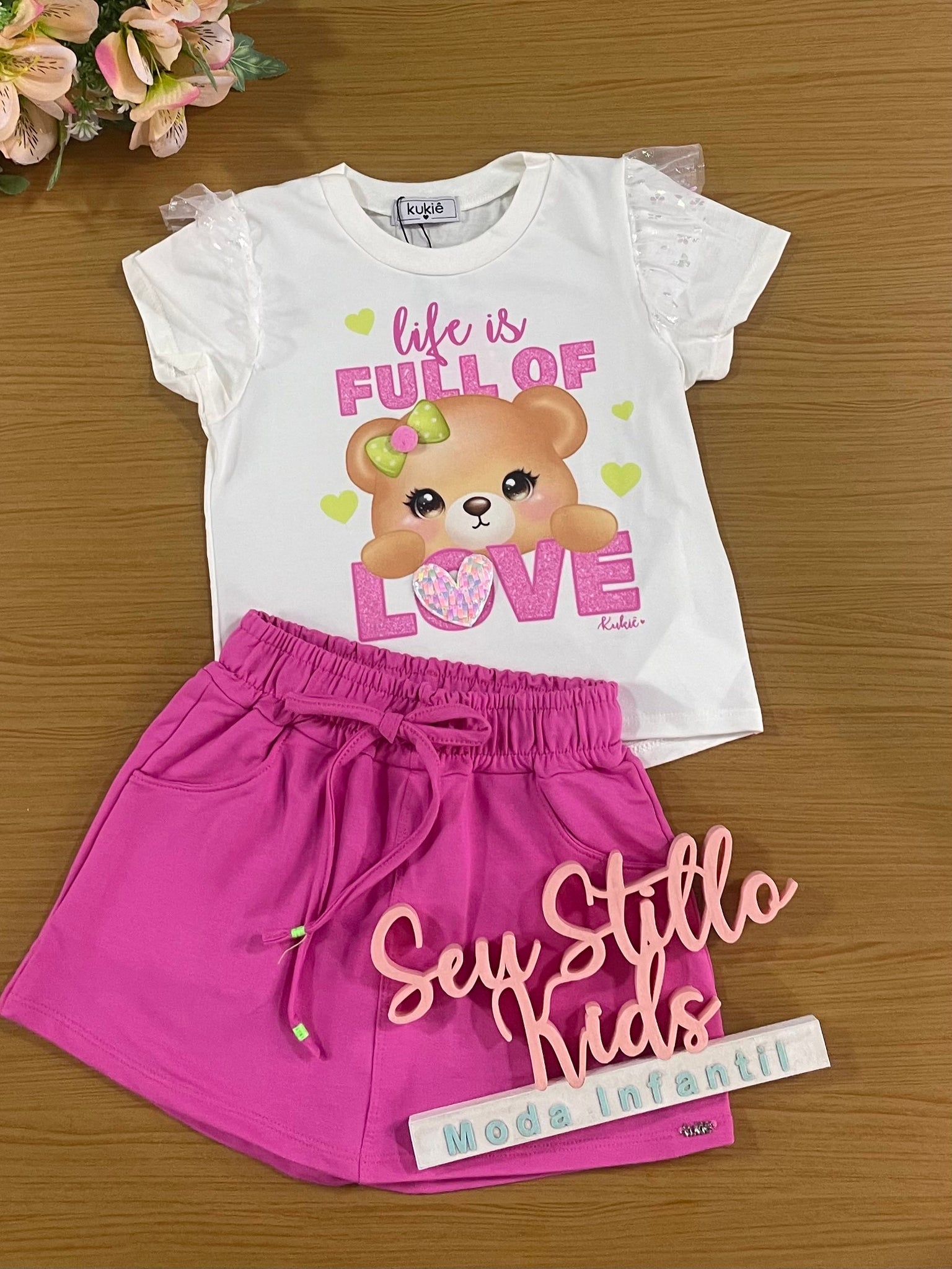 Conjunto Infantil Kukie Verão Com Shorts Saia Rosa e Blusa Ursinha