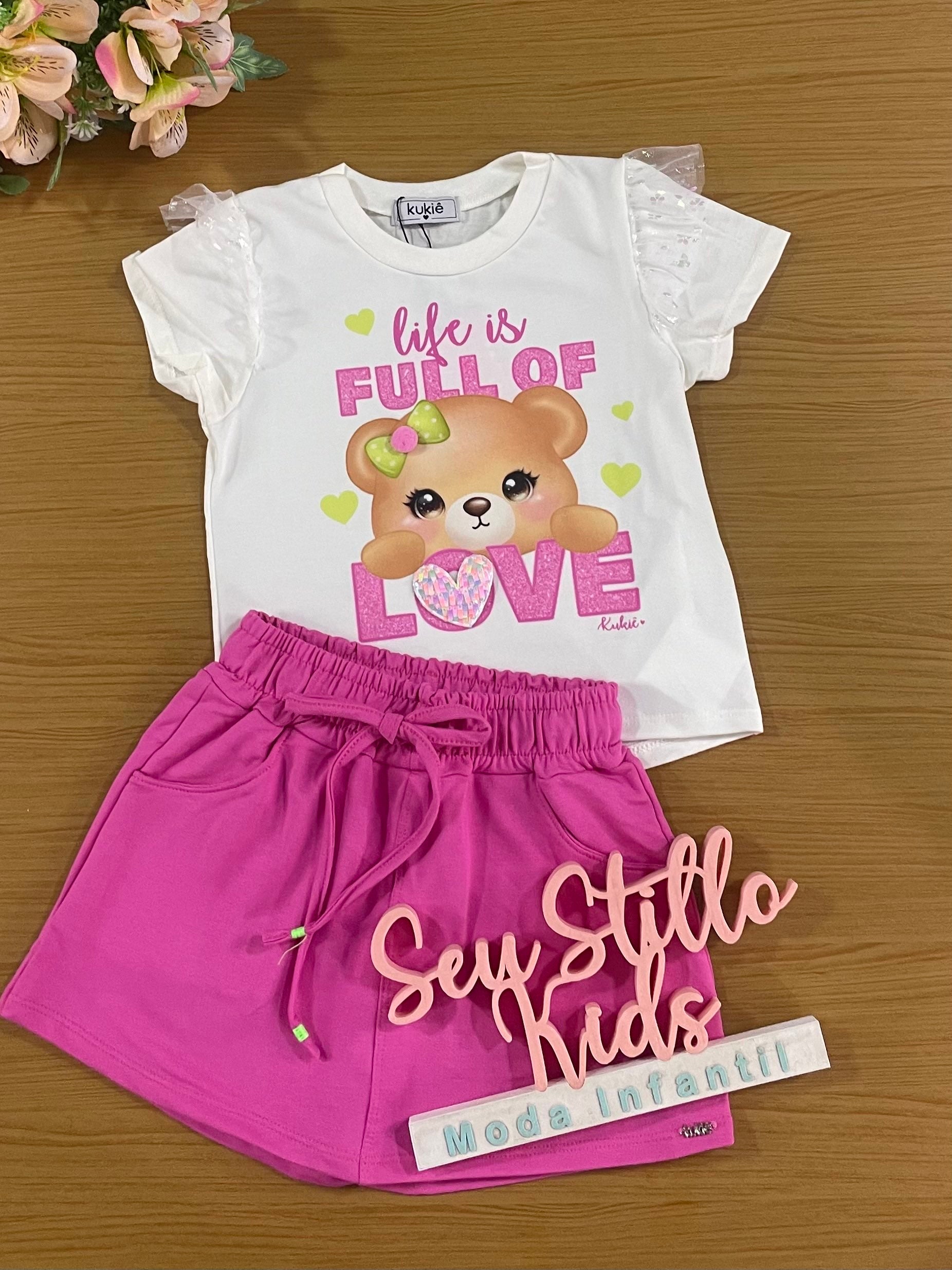 Conjunto Infantil Kukie Verão Com Shorts Saia Rosa e Blusa Ursinha