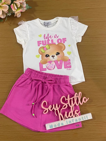 Conjunto Infantil Kukie Verão Com Shorts Saia Rosa e Blusa Ursinha