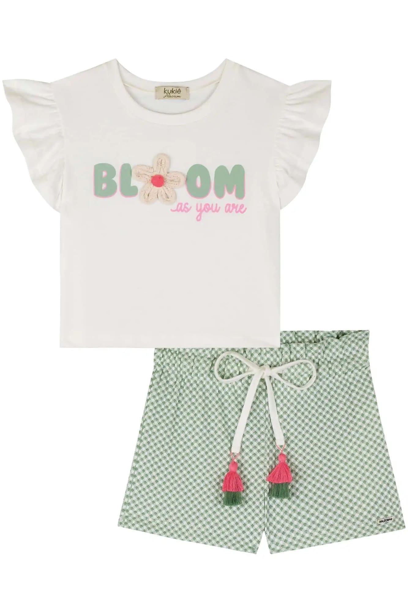 Conjunto Infantil Kukiê Verão com Shorts Verde e Blusa Branca Bloom