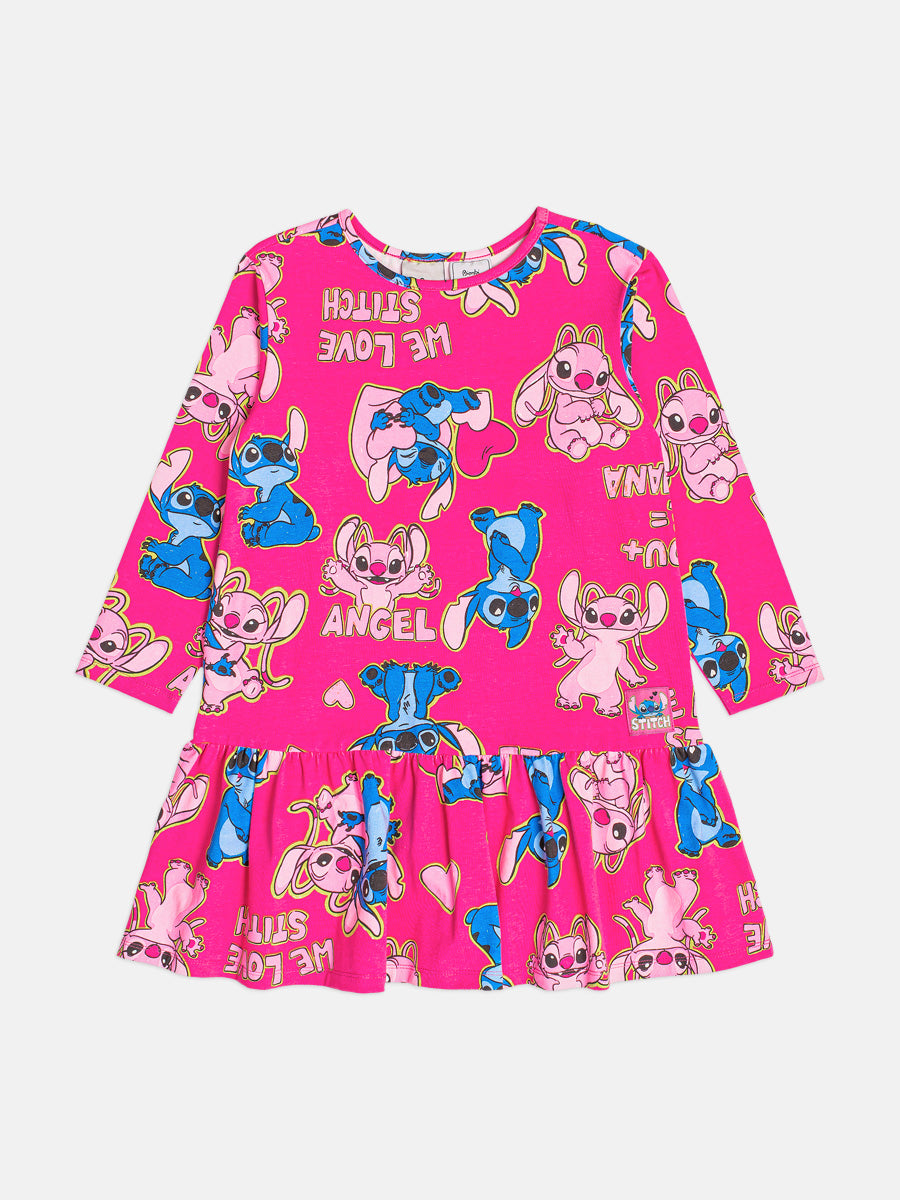 Vestido Infantil Bimbi Inverno Rosa Stitch e Angel Corações Disney
