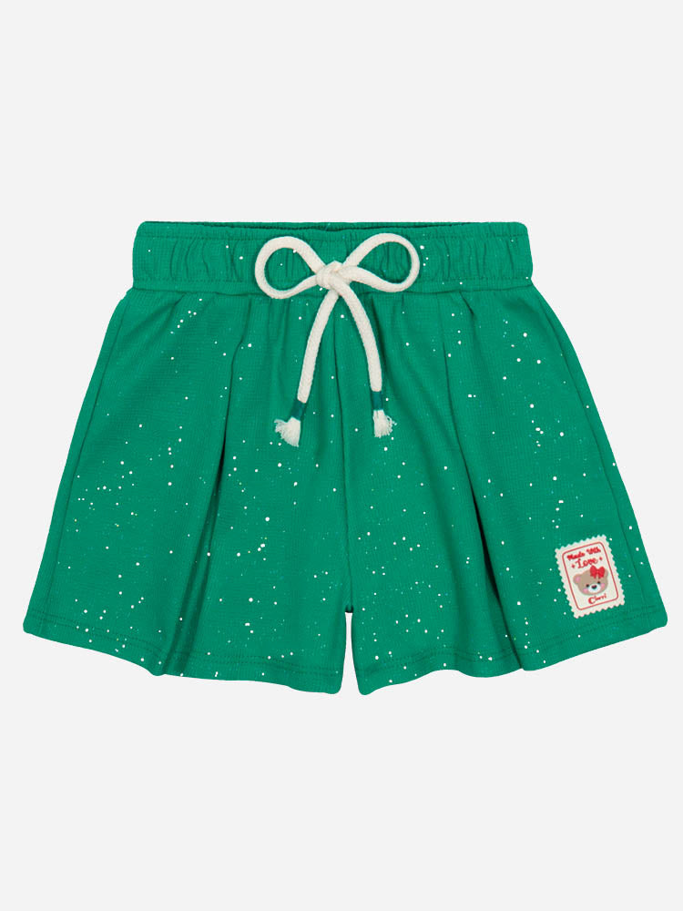 Conjunto Infantil Cinti Verão Shorts Verde com Brilho e Blusa Branca Corações