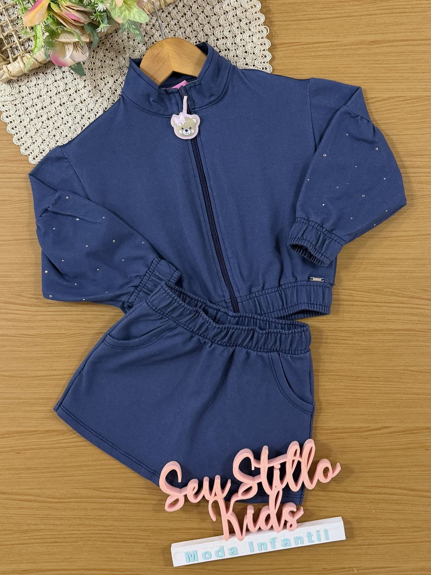 Conjunto Infantil Cinti Inverno com Shorts-Saia e Jaqueta Azul Marinho Ursinha Brilhos