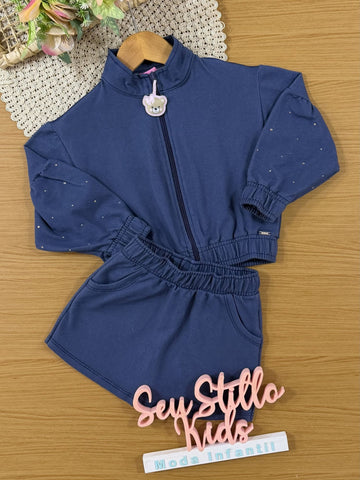 Conjunto Infantil Cinti Inverno com Shorts-Saia e Jaqueta Azul Marinho Ursinha Brilhos