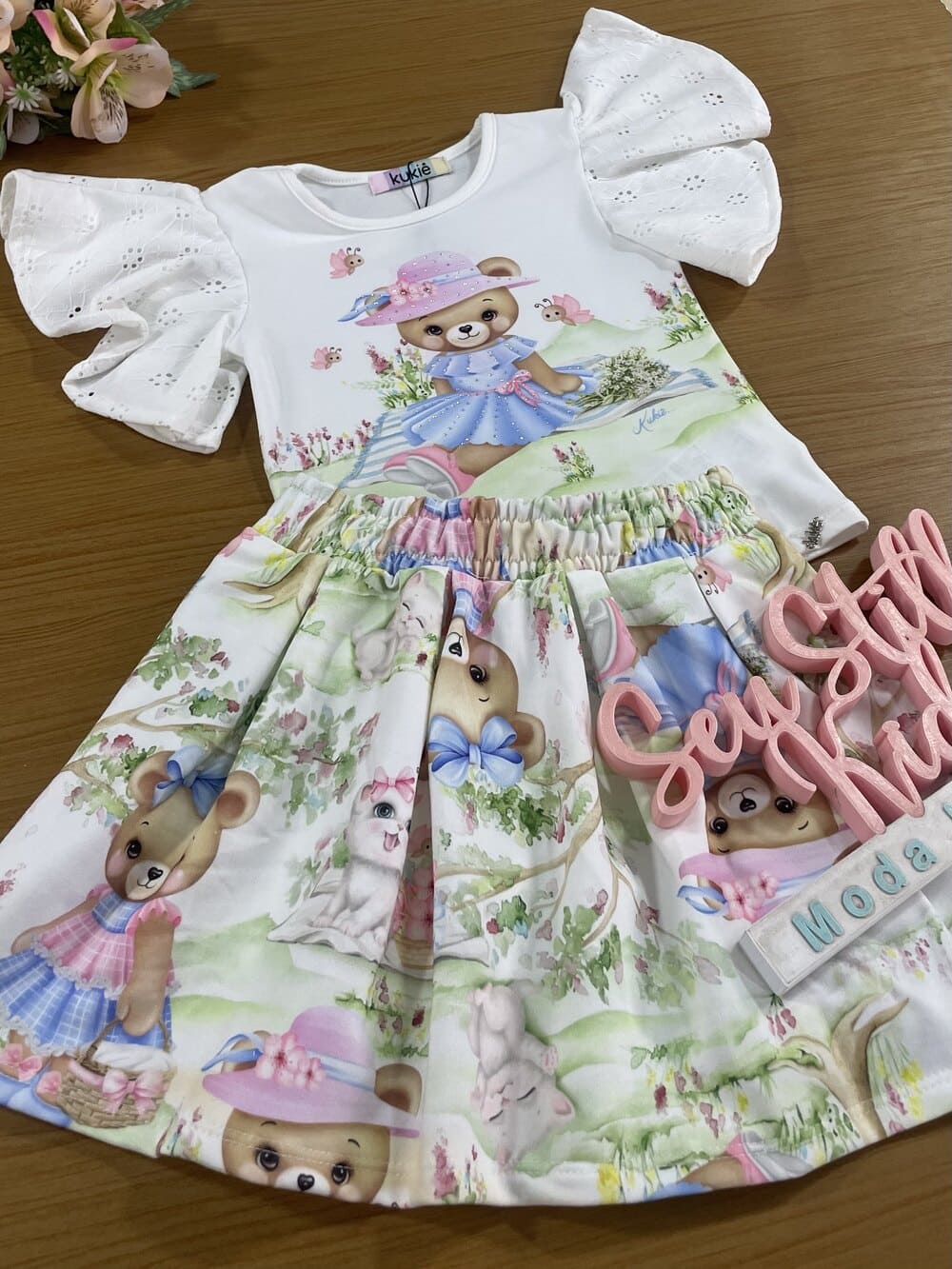 Conjunto Infantil Kukie Verão Com Saia e Blusa Ursinha Piquenique