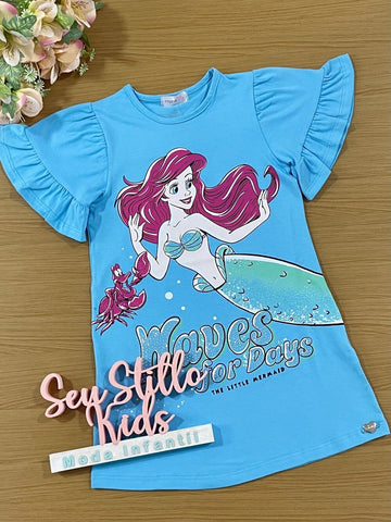 Vestido Infantil Momi Verão Azul Ariel Disney