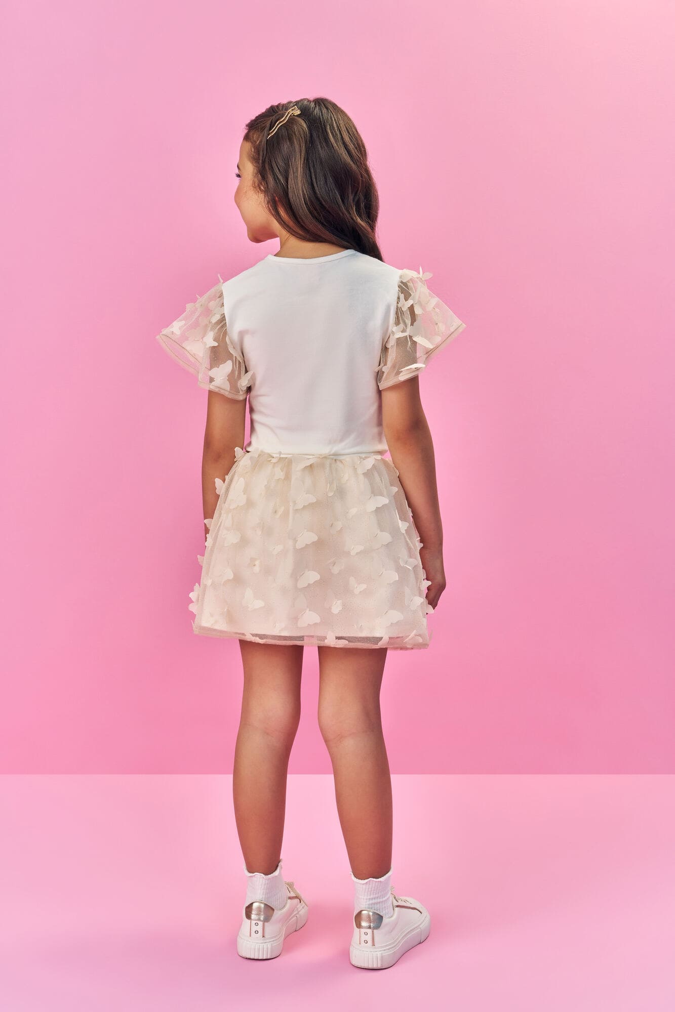 Conjunto Infantil Cinti Verão com Saia em Tule e Blusa Branca Borboleta Dourada