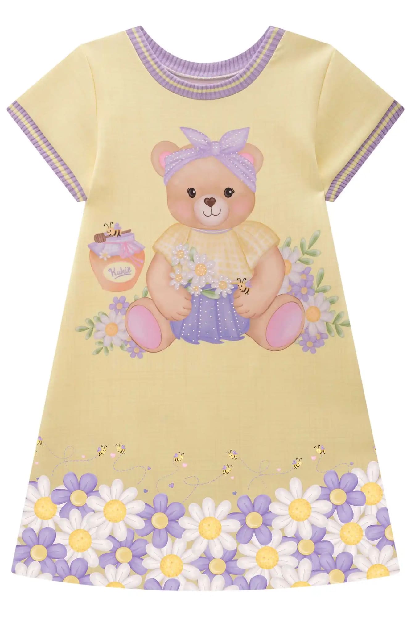 Vestido Infantil Kukiê Manga Curta Amarelo Ursinha Floral
