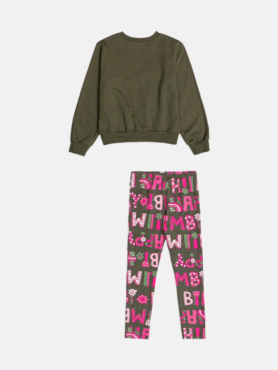 Conjunto Infantil Bimbi Inverno com Calça Legging e Moletom Flanelado Verde Escuro Gainha Florzinha