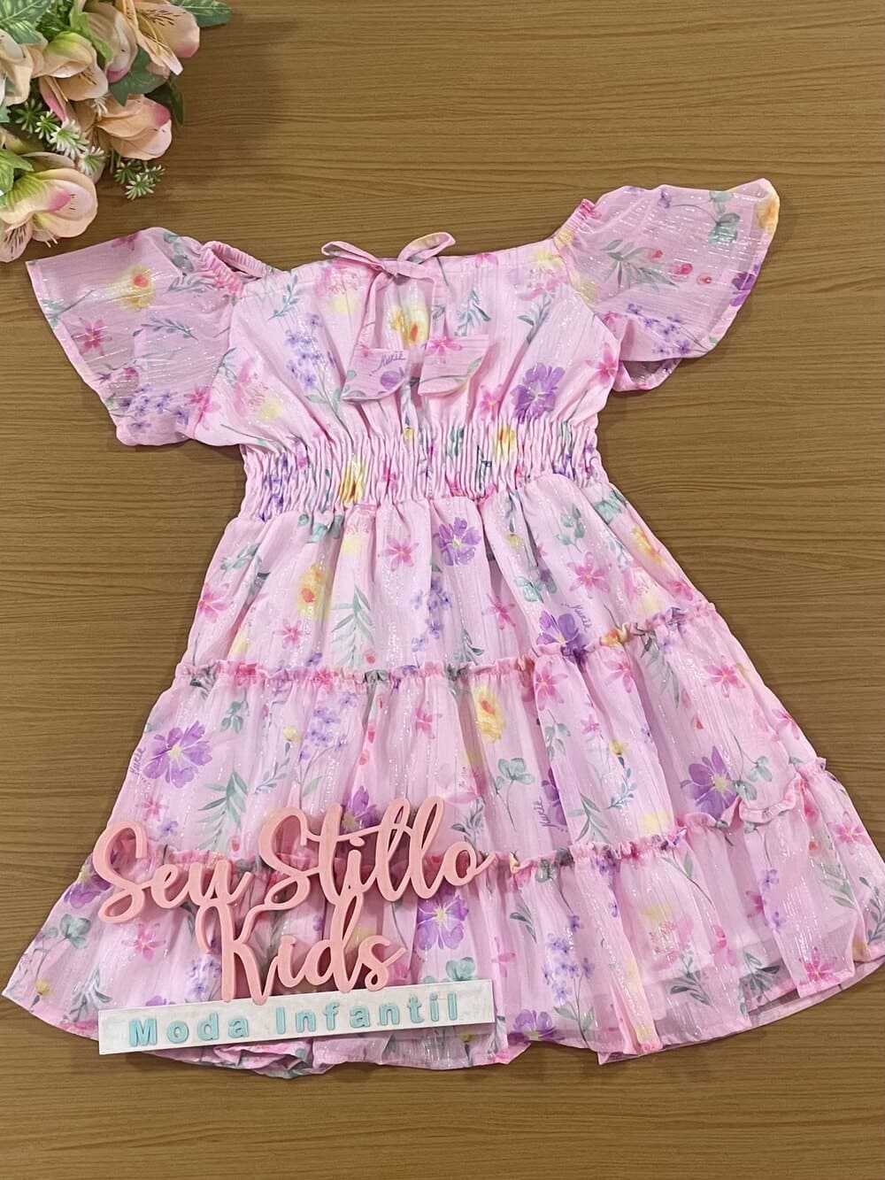 Vestido Infantil Kukie Verão Chiffon Rosa Floral