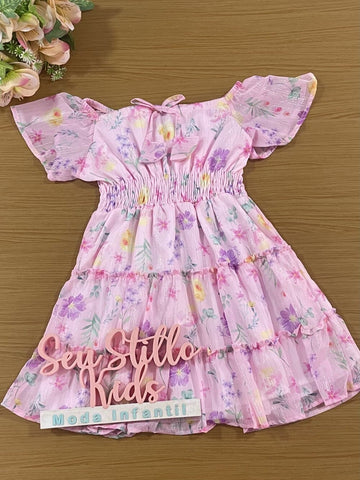 Vestido Infantil Kukie Verão Chiffon Rosa Floral