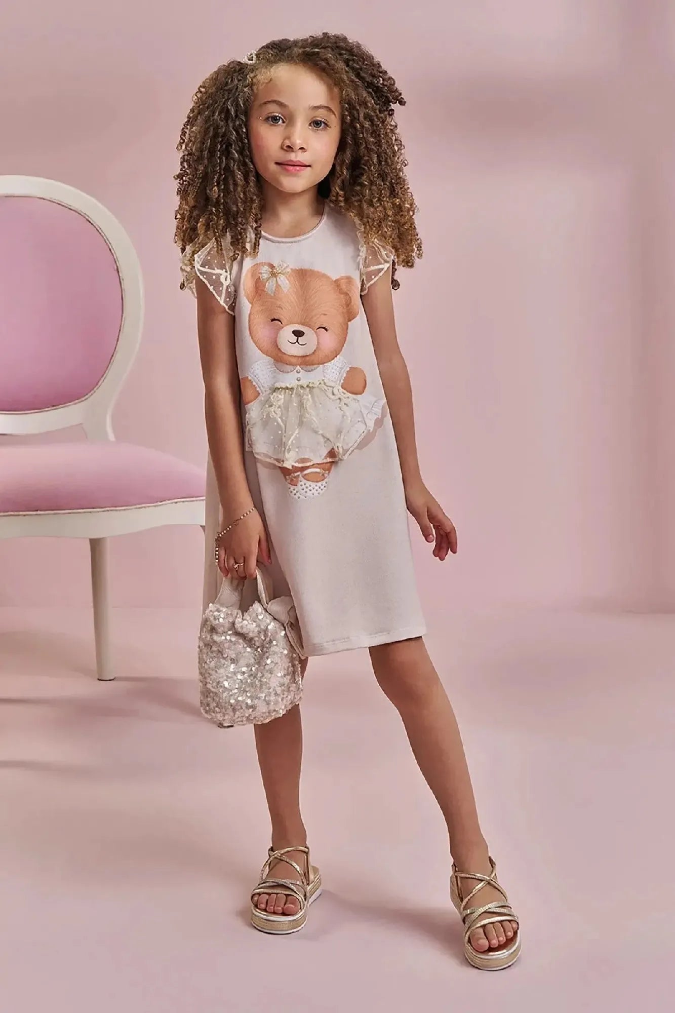 Vestido Infantil Kukiê Bege Ursinha com Detalhe em Tule