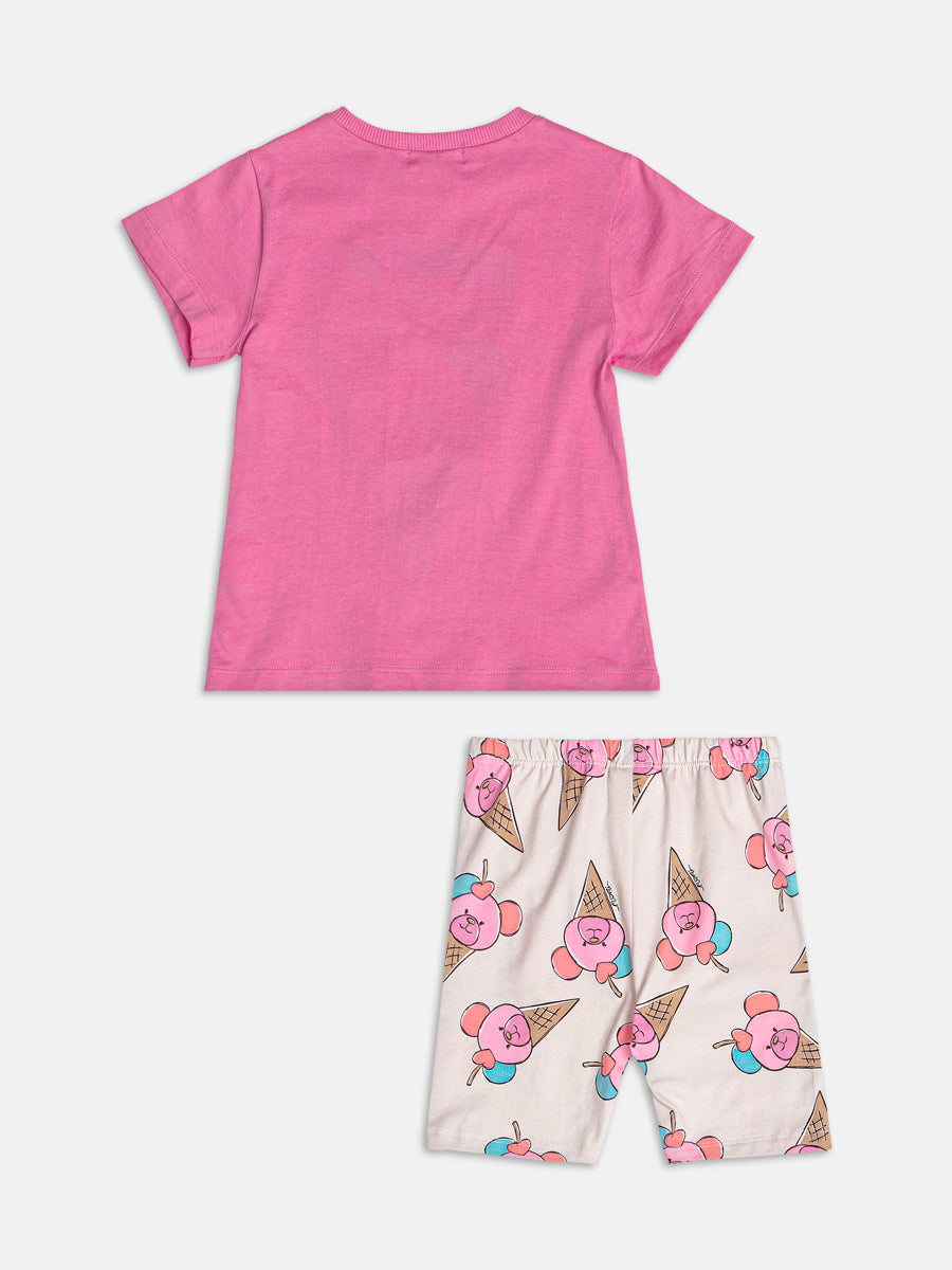 Conjunto Infantil Momi Verão com Shorts Ciclista Bege e Blusa Rosa Ursinho Sorvete