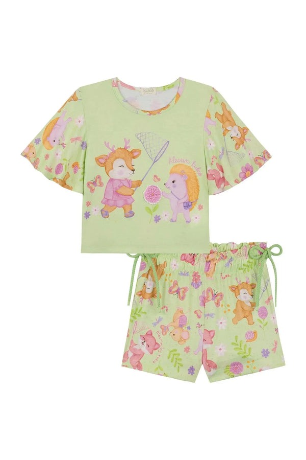 Conjunto Infantil Kukiê Verão com Shorts e Blusa Verde Animais