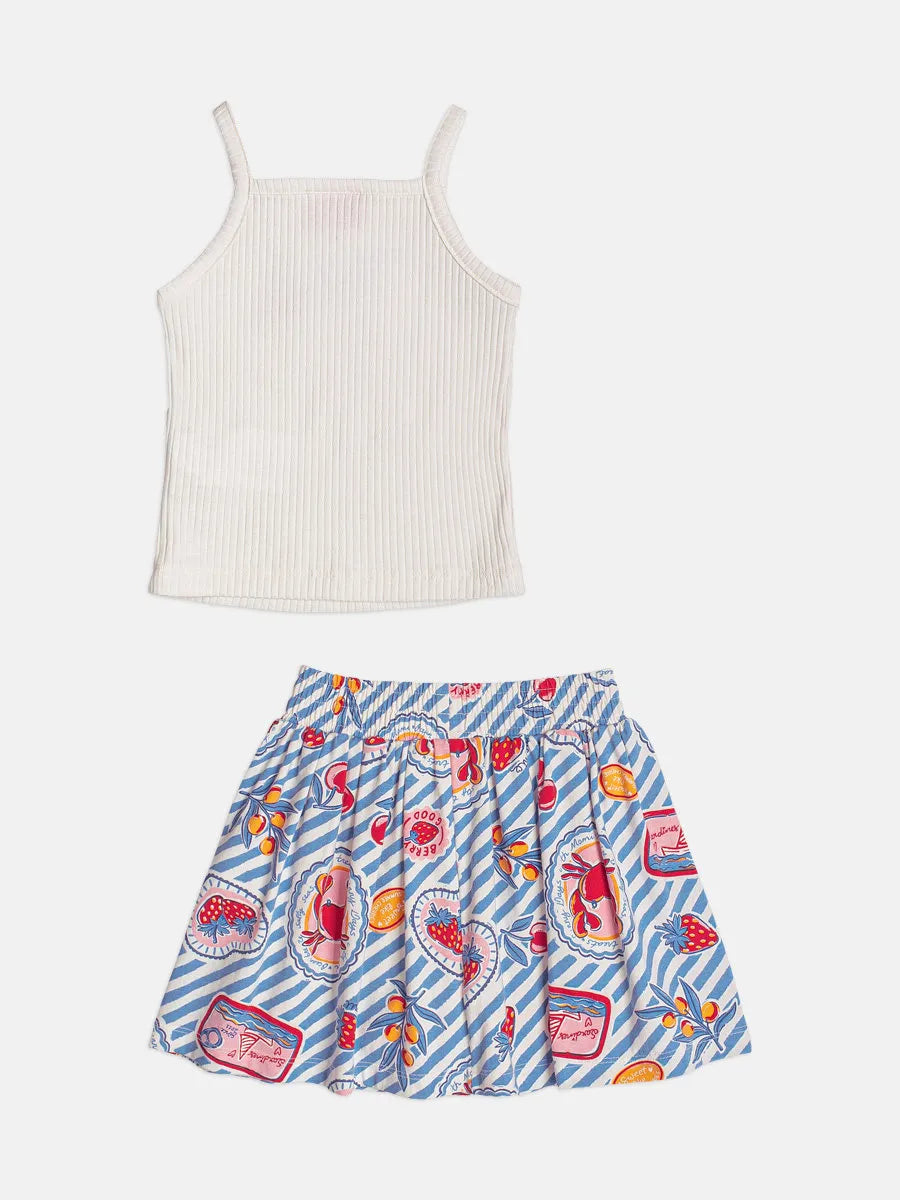 Conjunto Infantil Menina Momi Saia Listrada Azul e Blusa Cerejinha