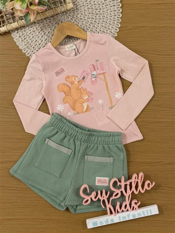 Conjunto Infantil Kukiê Inverno com Shorts Verde e Blusa Manga Longa Esquilinhos