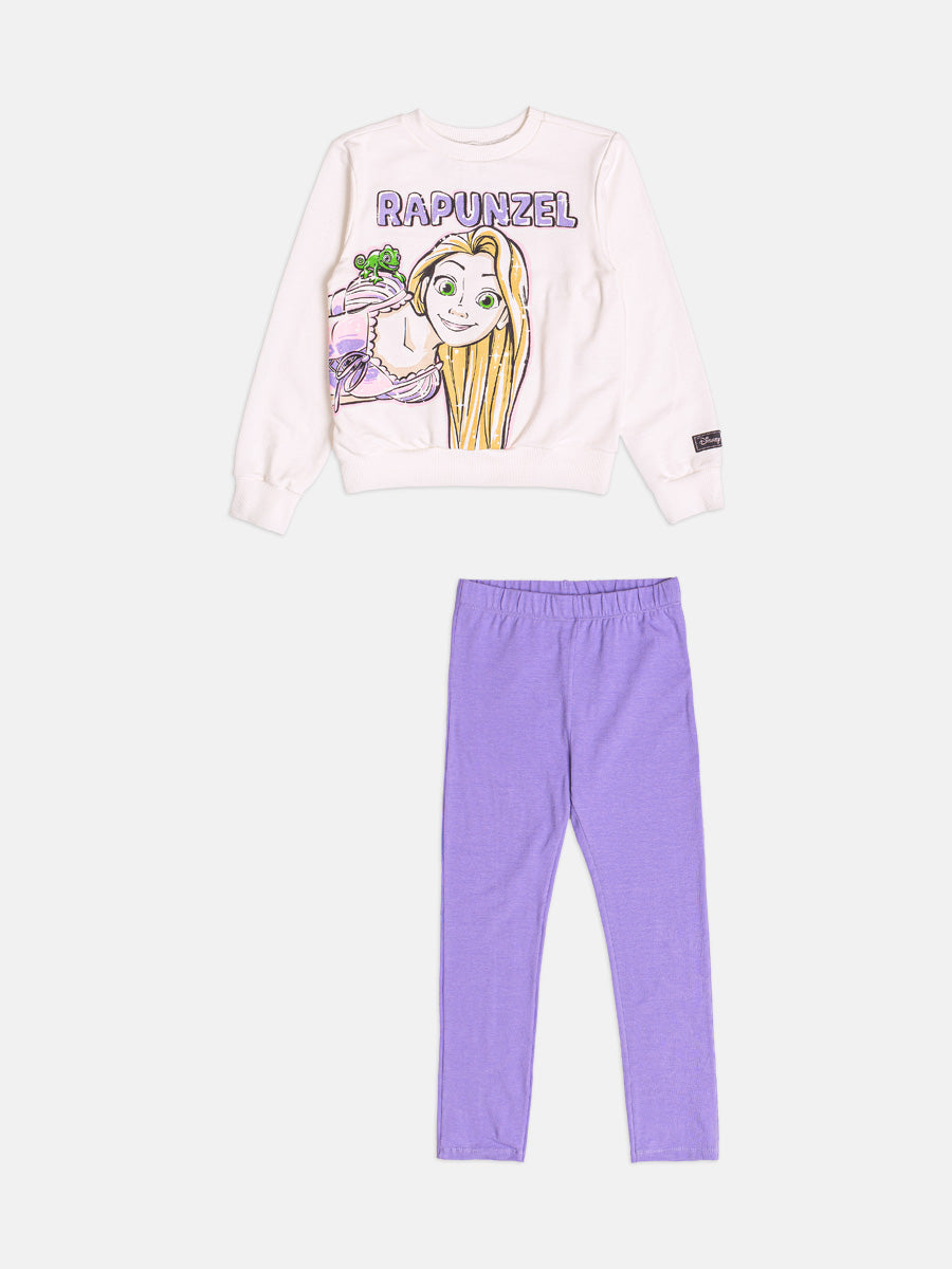 Conjunto Infantil Bimbi Inverno com Calça Legging e Moletom sem Flanela Branco Rapunzel Disney