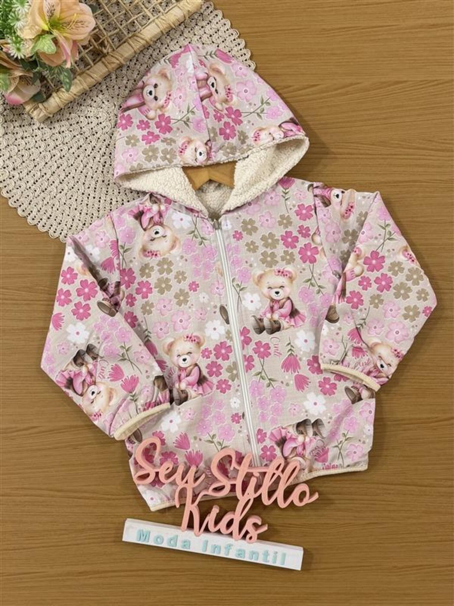 Jaqueta Infantil Cinti Inverno Dupla Face Off White Ursinhas Floral