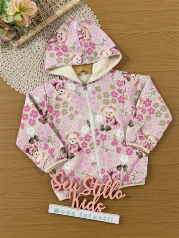Jaqueta Infantil Cinti Inverno Dupla Face Off White Ursinhas Floral