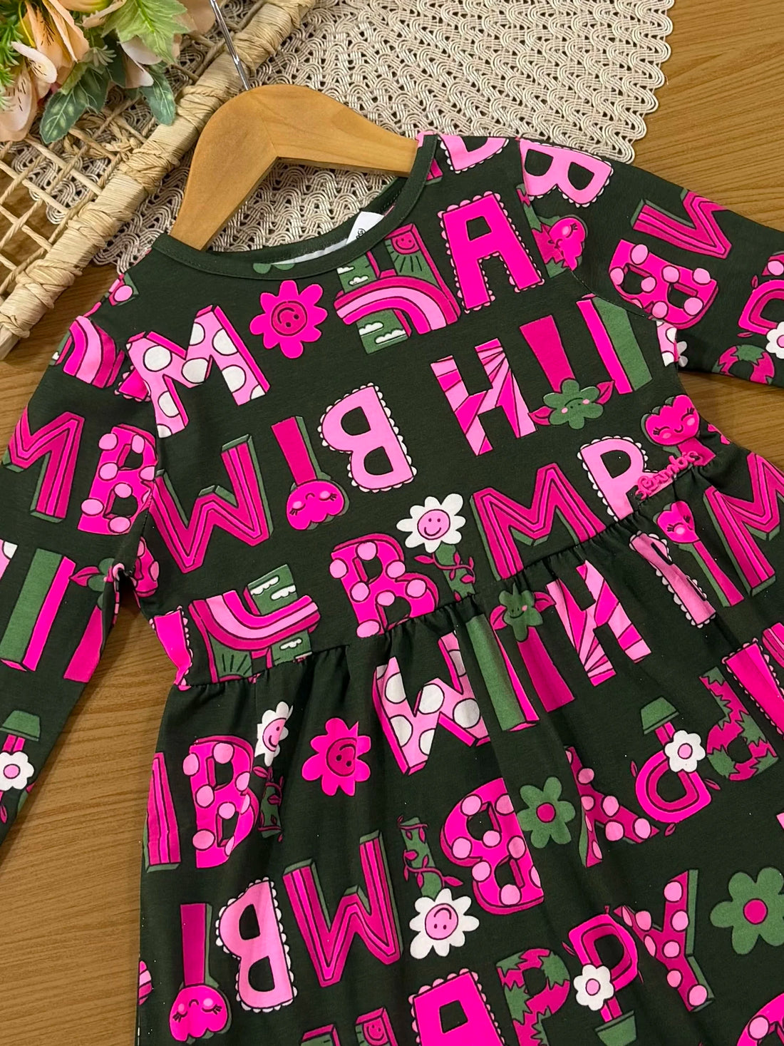 Vestido Infantil Bimbi Inverno Verde Lettering Florzinha