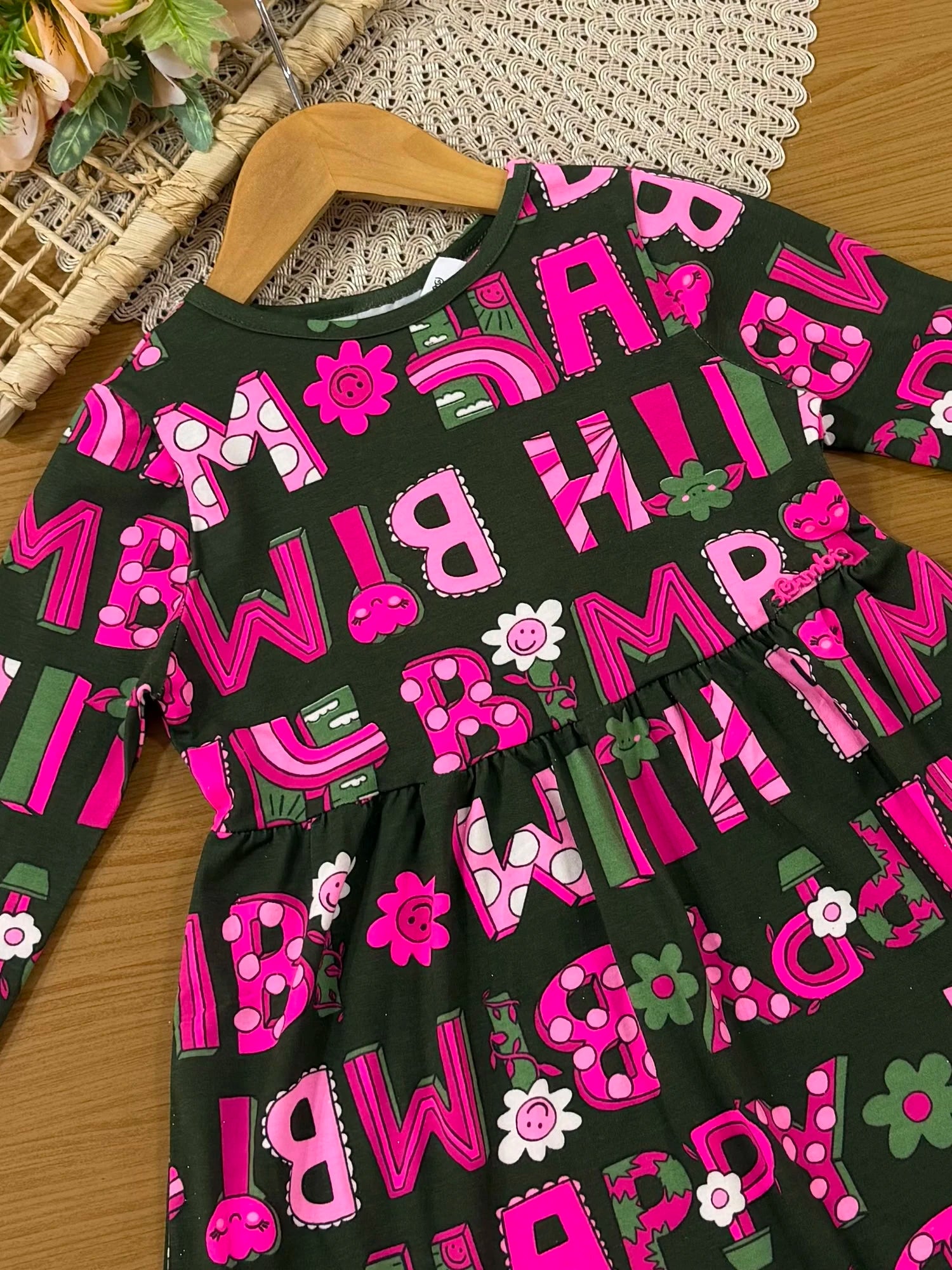 Vestido Infantil Bimbi Inverno Verde Lettering Florzinha