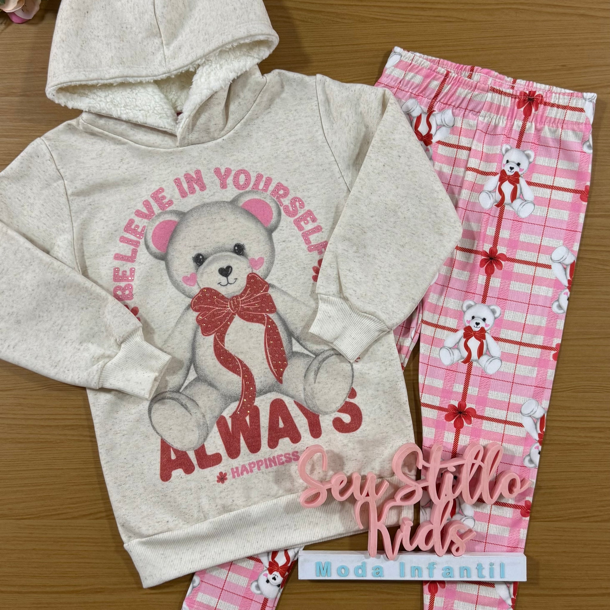 Conjunto Infantil Cinti Inverno Calça e Moletom Flanelado Ursinho