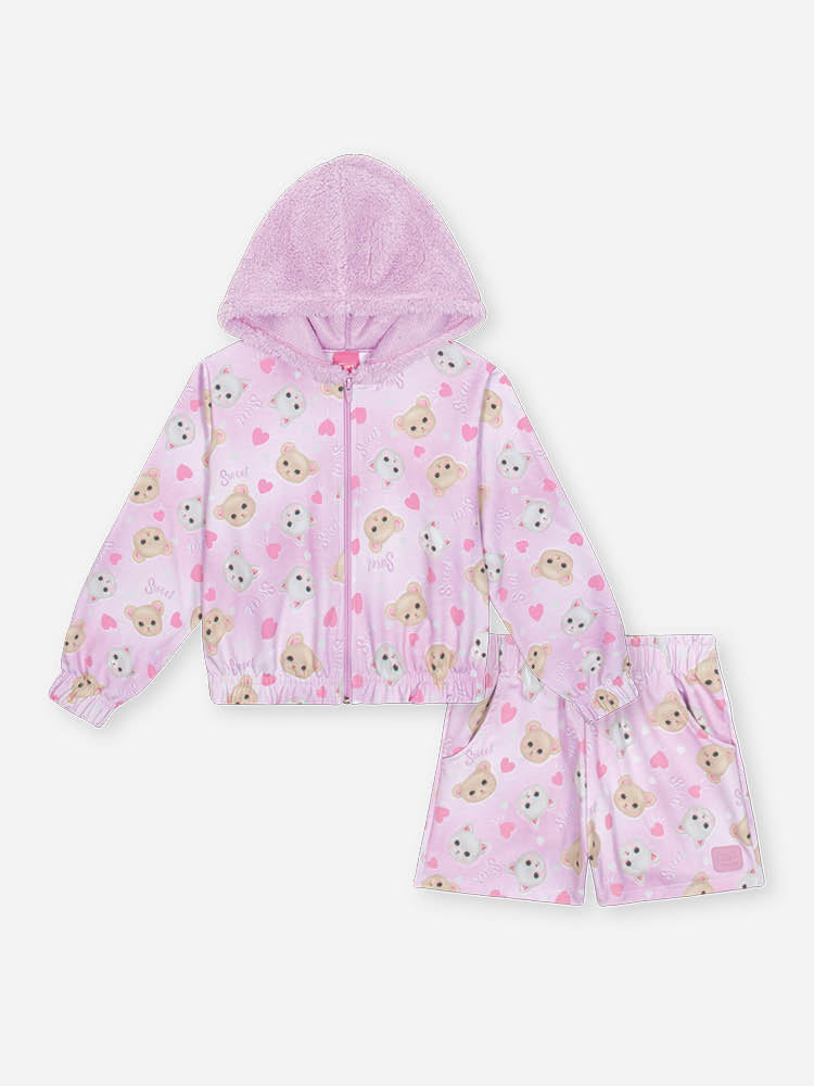 Conjunto Infantil Cinti Inverno com Shorts e Jaqueta Lilás Bichinhos Sweet
