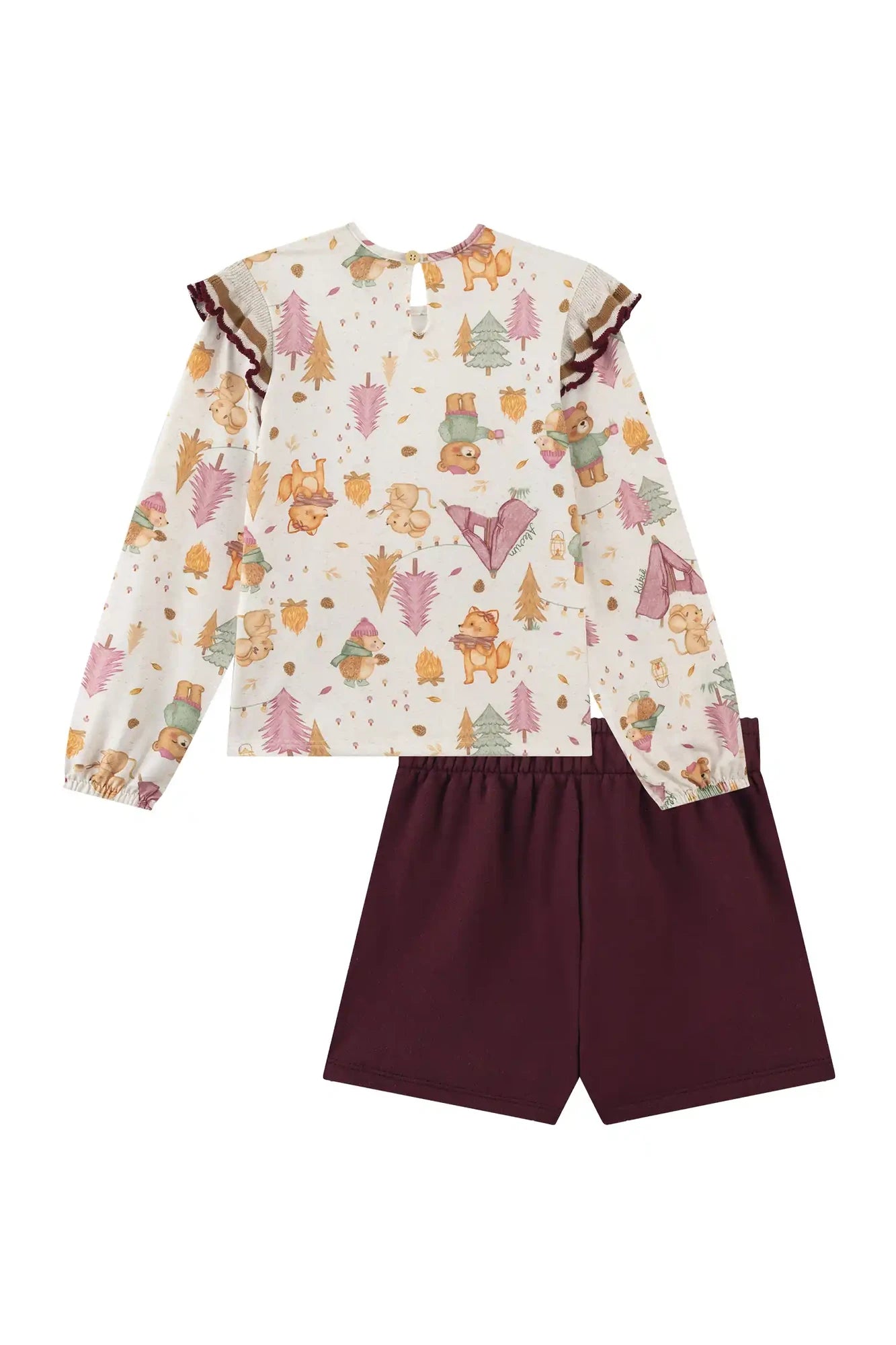 Conjunto Infantil Kukiê Inverno com Shorts Vinho e Blusa Manga Longa Raposinha na Floresta