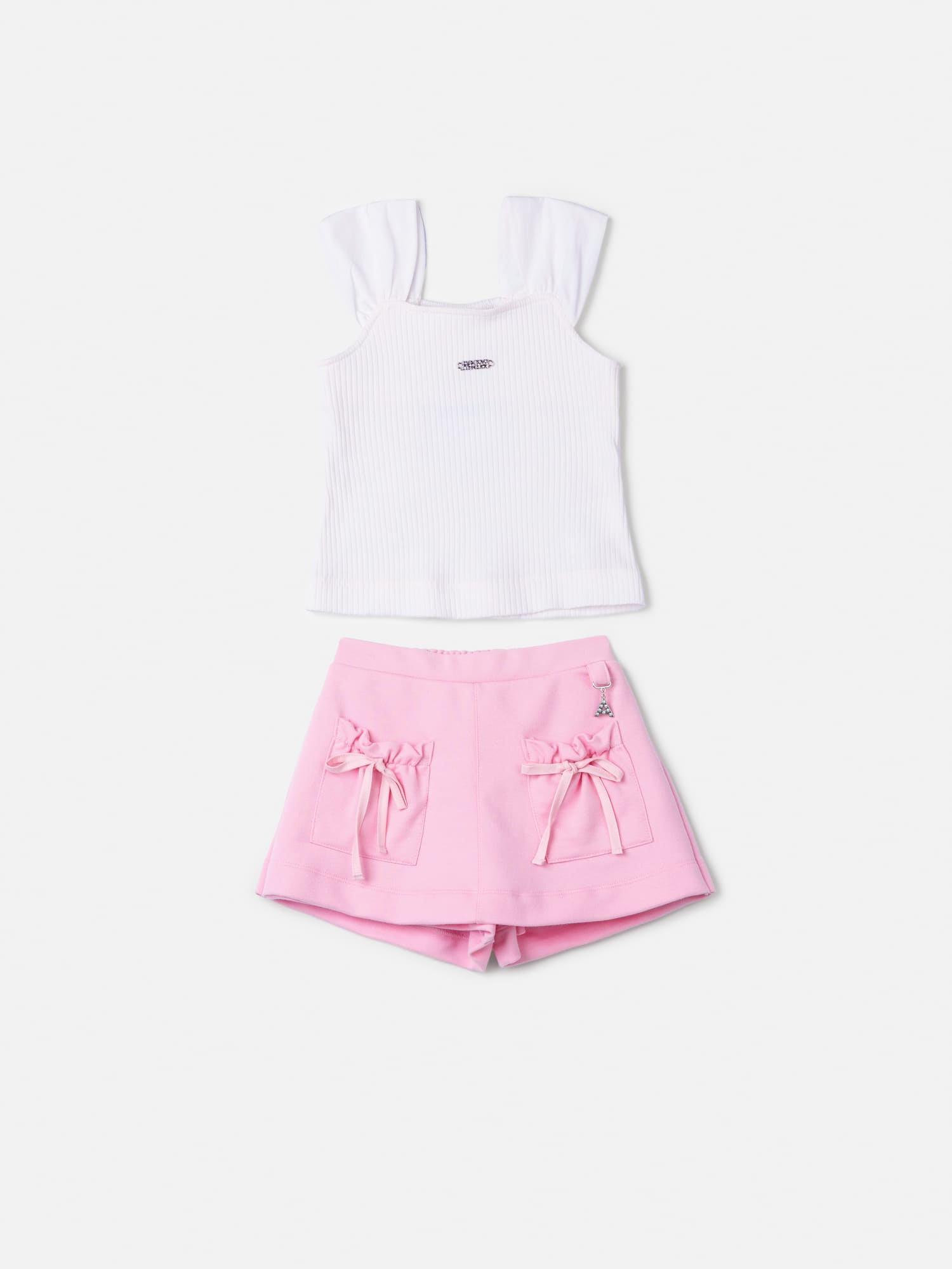Conjunto Infantil Animê Verão com Shorts Saia Rosa e Blusa Branca com Laço