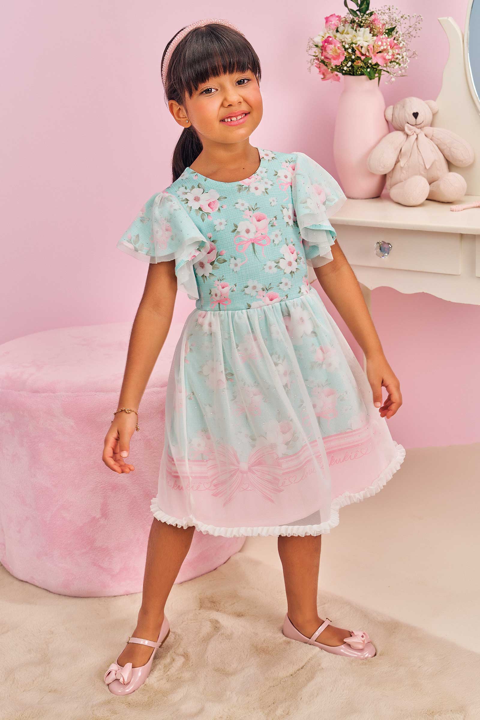 Vestido Infantil Kukie Verão Tule Verde Floral
